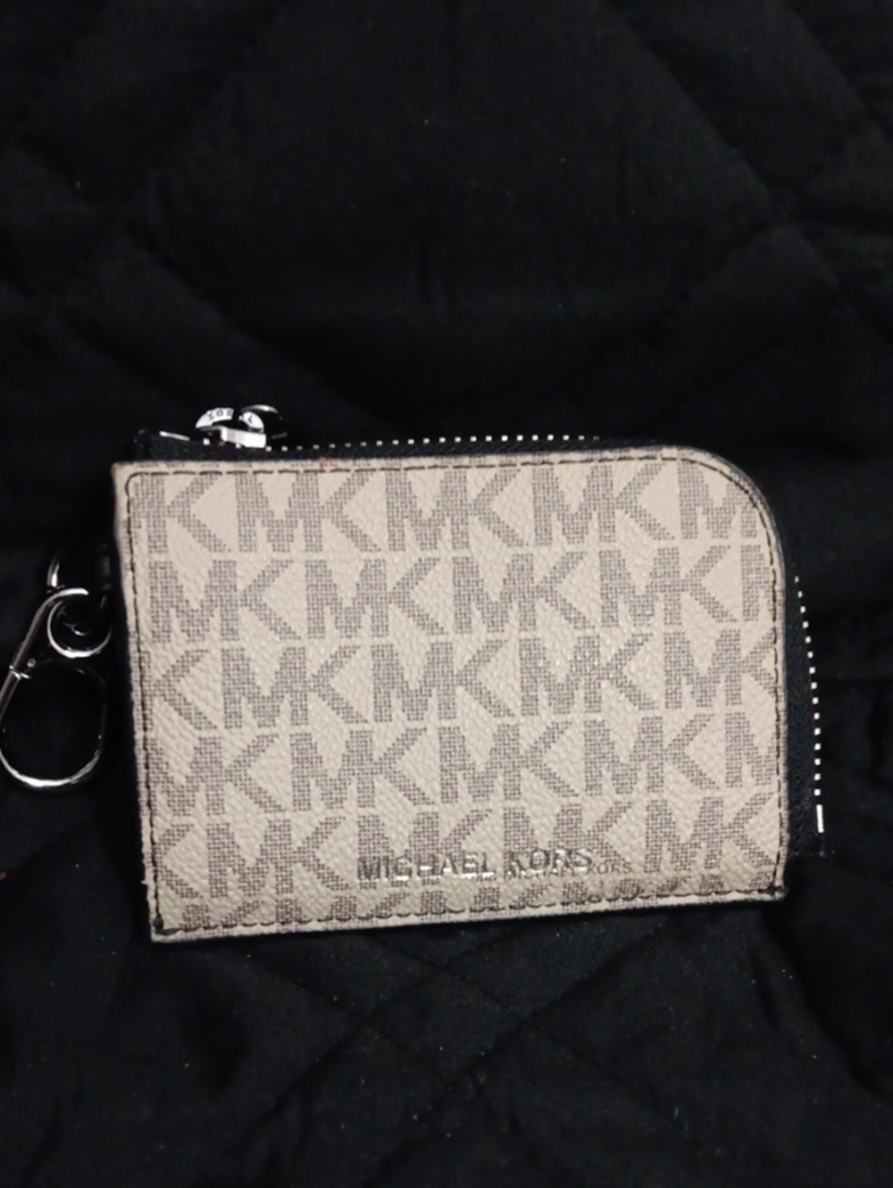 Michael Kors Beige and Brown MK Monogram Zip Card Holder with Key Ring